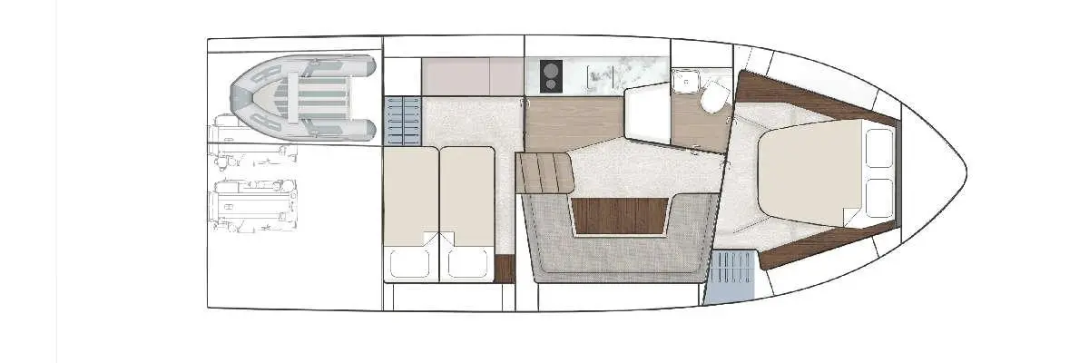Boat interior layout showing a dining area, kitchen, bathroom, and sleeping quarters, with a dinghy outline on the side.